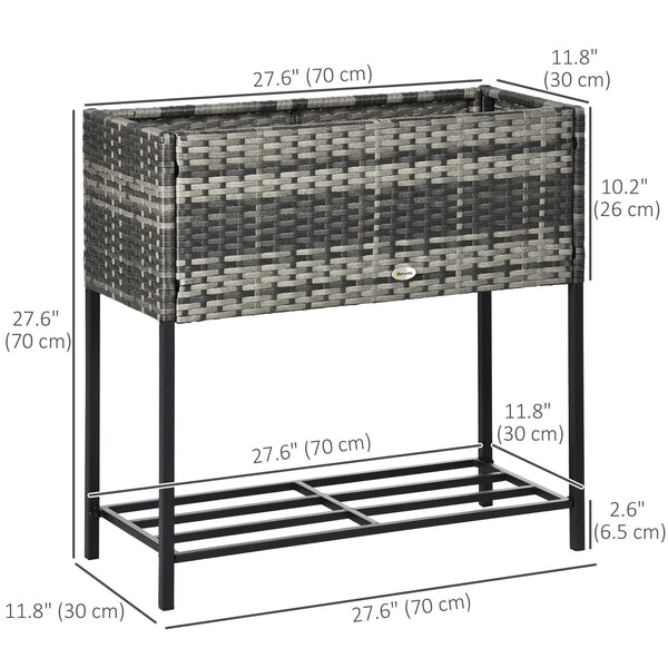 Modern Elevated Metal Raised Garden Bed with Rattan Wicker Look, Underneath Tool Storage Rack, Mixed Grey