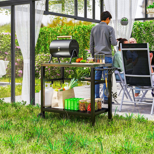 Outdoor Grill Dining Cart with Stainless Steel Tabletop, 2-Shelf BBQ Movable Pizza Oven Stand with Shelf, Hooks, Wheels, Charcoal Grey