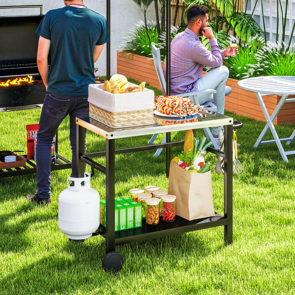 Outdoor Grill Dining Cart with Stainless Steel Tabletop, 2-Shelf BBQ Movable Pizza Oven Stand with Shelf, Hooks, Wheels, Charcoal Grey