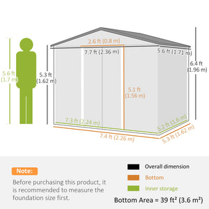 7.7 x 5.7ft Metal Garden Shed with Ventilation Slots and Sliding Doors, Galvanised Outdoor Tool Storage House, Brown Wood Effect