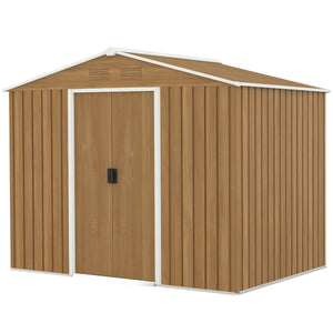 7.7 x 5.7ft Metal Garden Shed with Ventilation Slots and Sliding Doors, Galvanised Outdoor Tool Storage House, Brown Wood Effect