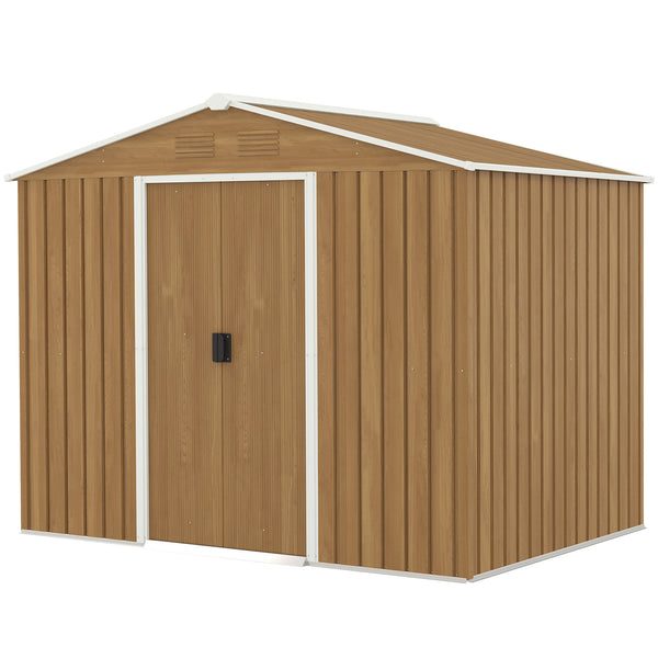 7.7 x 5.7ft Metal Garden Shed with Ventilation Slots and Sliding Doors, Galvanised Outdoor Tool Storage House, Brown Wood Effect