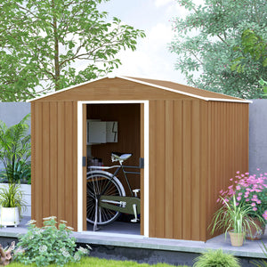 7.7 x 5.7ft Metal Garden Shed with Ventilation Slots and Sliding Doors, Galvanised Outdoor Tool Storage House, Brown Wood Effect
