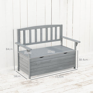 Outdoor 2 Seater Garden Bench, Wooden Bench with Storage, Garden Storage Bench with Backrest, Arm Rests for Outdoor Patio Porch, 112 x 84 x 58 cm, Dark Grey