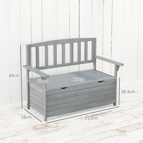 Outdoor 2 Seater Garden Bench, Wooden Bench with Storage, Garden Storage Bench with Backrest, Arm Rests for Outdoor Patio Porch, 112 x 84 x 58 cm, Dark Grey