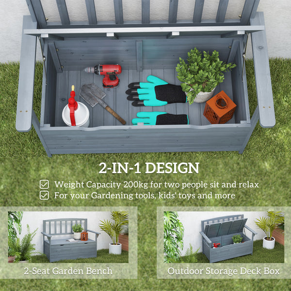 Outdoor 2 Seater Garden Bench, Wooden Bench with Storage, Garden Storage Bench with Backrest, Arm Rests for Outdoor Patio Porch, 112 x 84 x 58 cm, Dark Grey