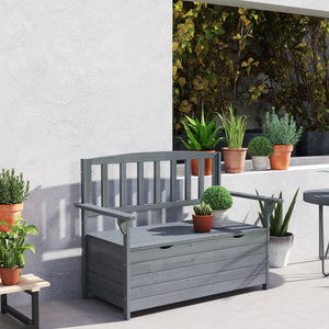 Outdoor 2 Seater Garden Bench, Wooden Bench with Storage, Garden Storage Bench with Backrest, Arm Rests for Outdoor Patio Porch, 112 x 84 x 58 cm, Dark Grey