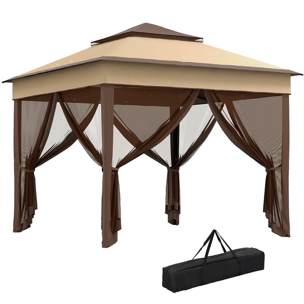 10.7 x 10.7ft Pop Up Camping Gazebo, Height Adjustable Instant Sun Shelter with UV30+ Roof Cover, Removable Mesh Curtains and Carrying Bag for Patio, Backyard, Beige