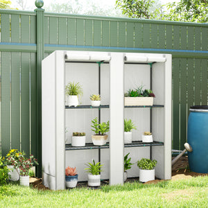 3 Tier Lean-to Mini Greenhouse with Reinforced PE Cover, Portable Small Greenhouse with Roll-Up Door, Grey Hemmed Edging, 144 x 48 x 152cm, White