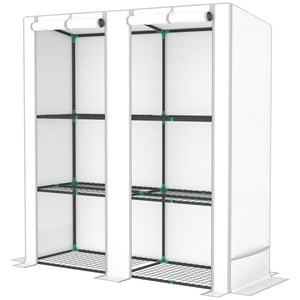 3 Tier Lean-to Mini Greenhouse with Reinforced PE Cover, Portable Small Greenhouse with Roll-Up Door, Grey Hemmed Edging, 144 x 48 x 152cm, White