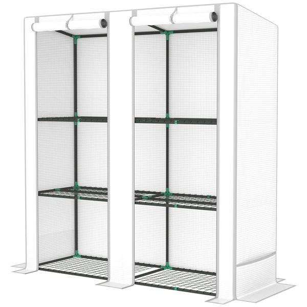 3 Tier Lean-to Mini Greenhouse with Reinforced PE Cover, Portable Small Greenhouse with Roll-Up Door, Grey Hemmed Edging, 144 x 48 x 152cm, White