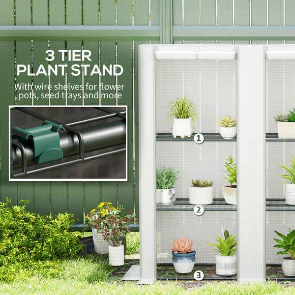 3 Tier Lean-to Mini Greenhouse with Reinforced PE Cover, Portable Small Greenhouse with Roll-Up Door, Grey Hemmed Edging, 144 x 48 x 152cm, White