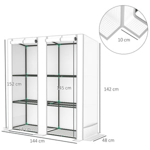 3 Tier Lean-to Mini Greenhouse with Reinforced PE Cover, Portable Small Greenhouse with Roll-Up Door, Grey Hemmed Edging, 144 x 48 x 152cm, White