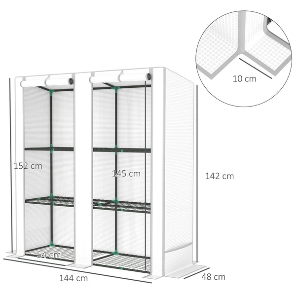3 Tier Lean-to Mini Greenhouse with Reinforced PE Cover, Portable Small Greenhouse with Roll-Up Door, Grey Hemmed Edging, 144 x 48 x 152cm, White