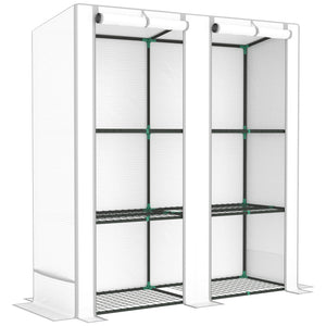 3 Tier Lean-to Mini Greenhouse with Reinforced PE Cover, Portable Small Greenhouse with Roll-Up Door, Grey Hemmed Edging, 144 x 48 x 152cm, White
