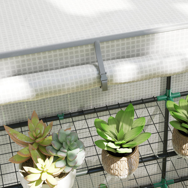 3 Tier Lean-to Mini Greenhouse with Reinforced PE Cover, Portable Small Greenhouse with Roll-Up Door, Grey Hemmed Edging, 144 x 48 x 152cm, White