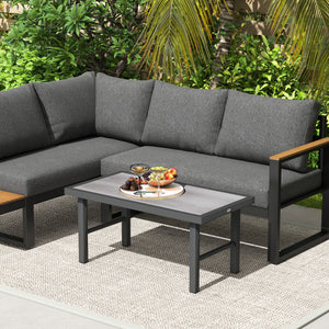 Metal Patio Coffee Table, Rectangle Outdoor Side Table with SPC Woodgrain Tabletop, Foot Pads for Outside Garden Patio Lawn, Distressed Grey