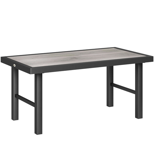 Metal Patio Coffee Table, Rectangle Outdoor Side Table with SPC Woodgrain Tabletop, Foot Pads for Outside Garden Patio Lawn, Distressed Grey