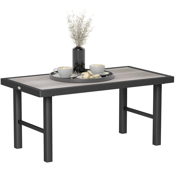 Metal Patio Coffee Table, Rectangle Outdoor Side Table with SPC Woodgrain Tabletop, Foot Pads for Outside Garden Patio Lawn, Distressed Grey