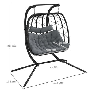 Outdoor PE Rattan 2 Seaters Swing Chair with Thick Padded Cushion, Patio Hanging Egg Chair with Metal Stand, Headrest, for Indoor and Outdoor, Black