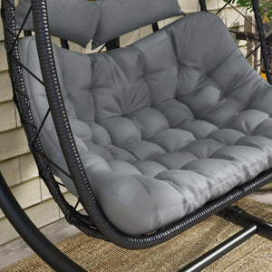 Outdoor PE Rattan 2 Seaters Swing Chair with Thick Padded Cushion, Patio Hanging Egg Chair with Metal Stand, Headrest, for Indoor and Outdoor, Black