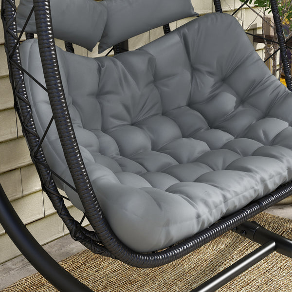 Outdoor PE Rattan 2 Seaters Swing Chair with Thick Padded Cushion, Patio Hanging Egg Chair with Metal Stand, Headrest, for Indoor and Outdoor, Black