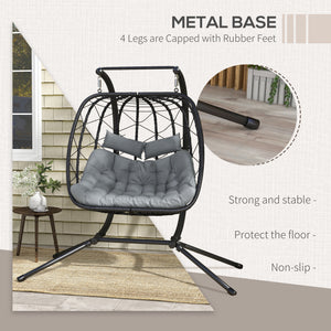 Outdoor PE Rattan 2 Seaters Swing Chair with Thick Padded Cushion, Patio Hanging Egg Chair with Metal Stand, Headrest, for Indoor and Outdoor, Black