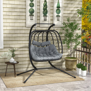 Outdoor PE Rattan 2 Seaters Swing Chair with Thick Padded Cushion, Patio Hanging Egg Chair with Metal Stand, Headrest, for Indoor and Outdoor, Black