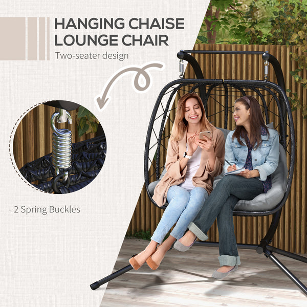 Outdoor PE Rattan 2 Seaters Swing Chair with Thick Padded Cushion, Patio Hanging Egg Chair with Metal Stand, Headrest, for Indoor and Outdoor, Black
