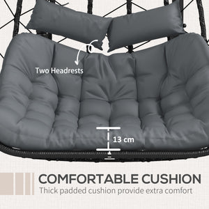 Outdoor PE Rattan 2 Seaters Swing Chair with Thick Padded Cushion, Patio Hanging Egg Chair with Metal Stand, Headrest, for Indoor and Outdoor, Black