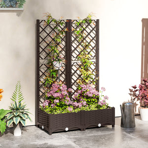 Raised Garden Bed with Trellis, Plastic Outdoor Planter Box with Drainage Holes and Drain Plugs, Raised Flower Bed for Patio, Backyard, Balcony, 32" x 16" x 48"