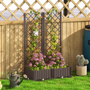 Raised Garden Bed with Trellis, Plastic Outdoor Planter Box with Drainage Holes and Drain Plugs, Raised Flower Bed for Patio, Backyard, Balcony, 32" x 16" x 48"
