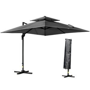 10' x 10' Cantilever Patio Umbrella, Double Top Square Offset Umbrella with 360° Rotation, 5 Adjustable Tilt Angles, Umbrella Cover, Aluminum Pole and Ribs, Charcoal Grey