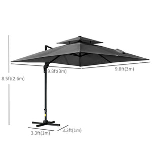10' x 10' Cantilever Patio Umbrella, Double Top Square Offset Umbrella with 360° Rotation, 5 Adjustable Tilt Angles, Umbrella Cover, Aluminum Pole and Ribs, Charcoal Grey