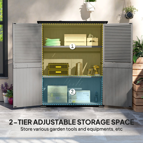 Outdoor Storage Cabinet, Wood Garden Tool Shed with Lock, Steel Frame and Asphalt Roof, Garden Storage Shed with Adjustable Shelves and Feet for Patio Backyard Lawn, Gray