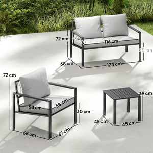 4 Seater Garden Furniture Set, 5 Piece Metal Garden Sofa Set with Thickened Cushions, Outdoor Patio Conversation Furniture with Loveseat, 2 Armchairs, 2 Coffee Tables for Balcony, Light Grey