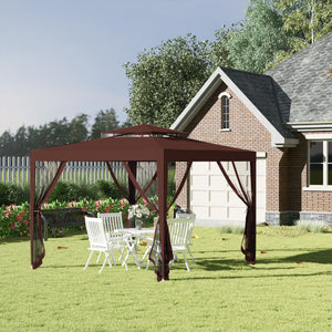 10' x 10' Canopy Tent, Party Tent with Mesh Netting and Double Tier Roof for Backyard, Garden, Patio, Outdoor, Brown