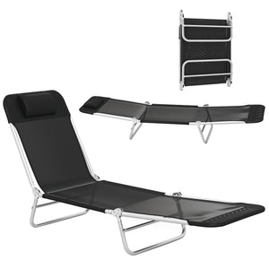Folding Chaise Lounge Chair, Pool Sun Tanning Chair, Outdoor Lounge Chair with Reclining Back, Breathable Mesh Seat, Headrest for Beach, Yard, Patio, Black