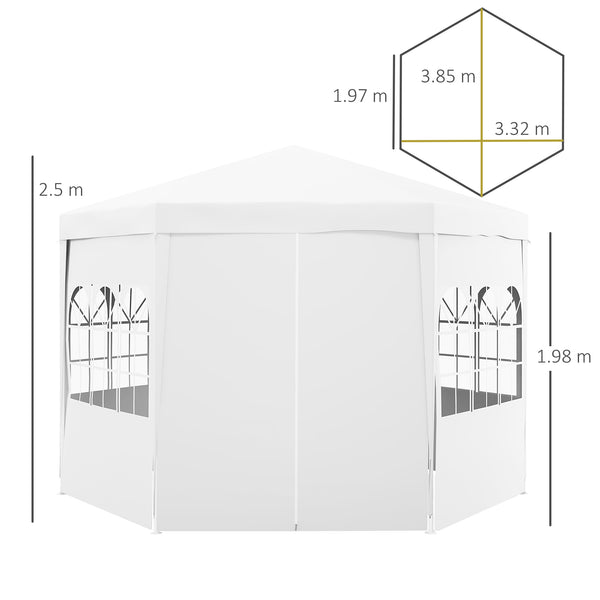 4m Hexagonal Gazebo Canopy Party Tent with 6 Removable Side Walls for Outdoor Event with Windows and Doors, White