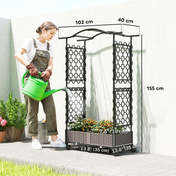 Raised Garden Bed with Arch Trellis, Raised Bed for Garden on Wheels with Side Trellis, Self Watering Outdoor Planter Box with Drainage Holes, Drain Plugs for Climbing Plants, Flowers, Herbs