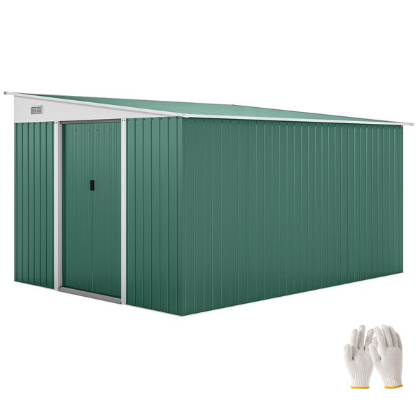11.3 x 9.2ft Lean to Metal Garden Shed, Outdoor Galvanised Tool Storage House with Double Sliding Doors and 2 Air Vents, Green