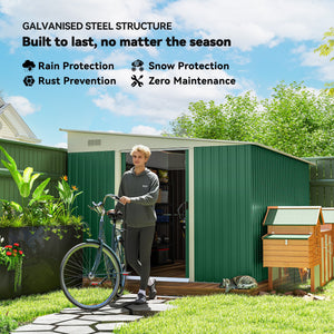 11.3 x 9.2ft Lean to Metal Garden Shed, Outdoor Galvanised Tool Storage House with Double Sliding Doors and 2 Air Vents, Green