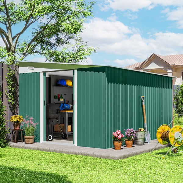 11.3 x 9.2ft Lean to Metal Garden Shed, Outdoor Galvanised Tool Storage House with Double Sliding Doors and 2 Air Vents, Green