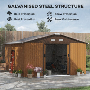 11' x 13' Garden Storage Shed with Foundation Kit, Metal Tool Storage House with Double Doors for Outdoor Patio Yard, Yellow