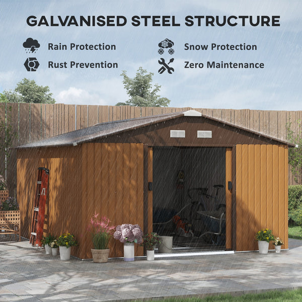 11' x 13' Garden Storage Shed with Foundation Kit, Metal Tool Storage House with Double Doors for Outdoor Patio Yard, Yellow