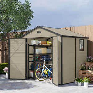 8 x 6ft Plastic Garden Storage Shed with Foundation Kit, Polypropylene Outdoor Storage Tool House with Ventilation Slots and Lockable Door, Cream White