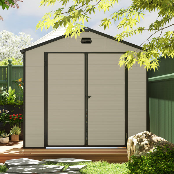 8 x 6ft Plastic Garden Storage Shed with Foundation Kit, Polypropylene Outdoor Storage Tool House with Ventilation Slots and Lockable Door, Cream White