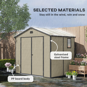8 x 6ft Plastic Garden Storage Shed with Foundation Kit, Polypropylene Outdoor Storage Tool House with Ventilation Slots and Lockable Door, Cream White