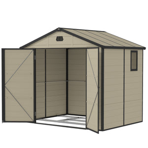 8 x 6ft Plastic Garden Storage Shed with Foundation Kit, Polypropylene Outdoor Storage Tool House with Ventilation Slots and Lockable Door, Cream White