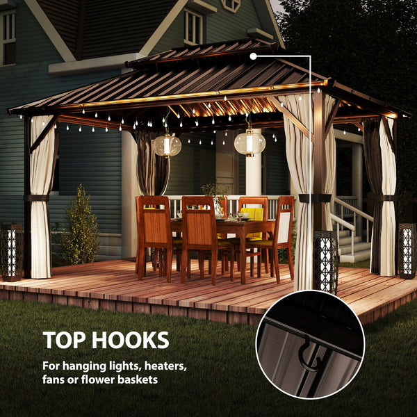 10' x 14' Hardtop Gazebo with UPF50+ Double Galvanized Steel Roof Canopy, Aluminum Frame Permanent Outdoor Gazebo with Curtains and Netting, Ceiling Hooks, Brown